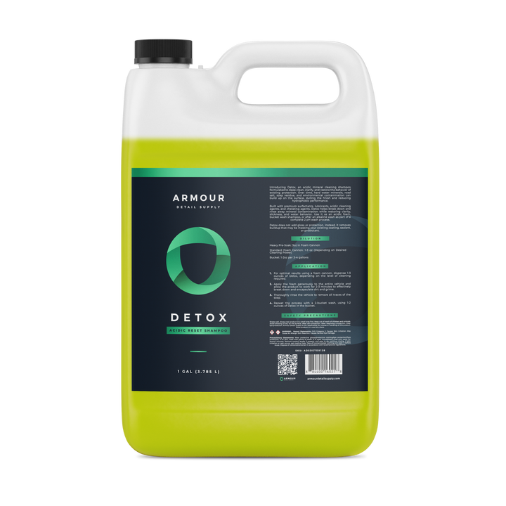 Armour DETOX acidic reset shampoo — 1 gallon jug, back label with usage instructions
