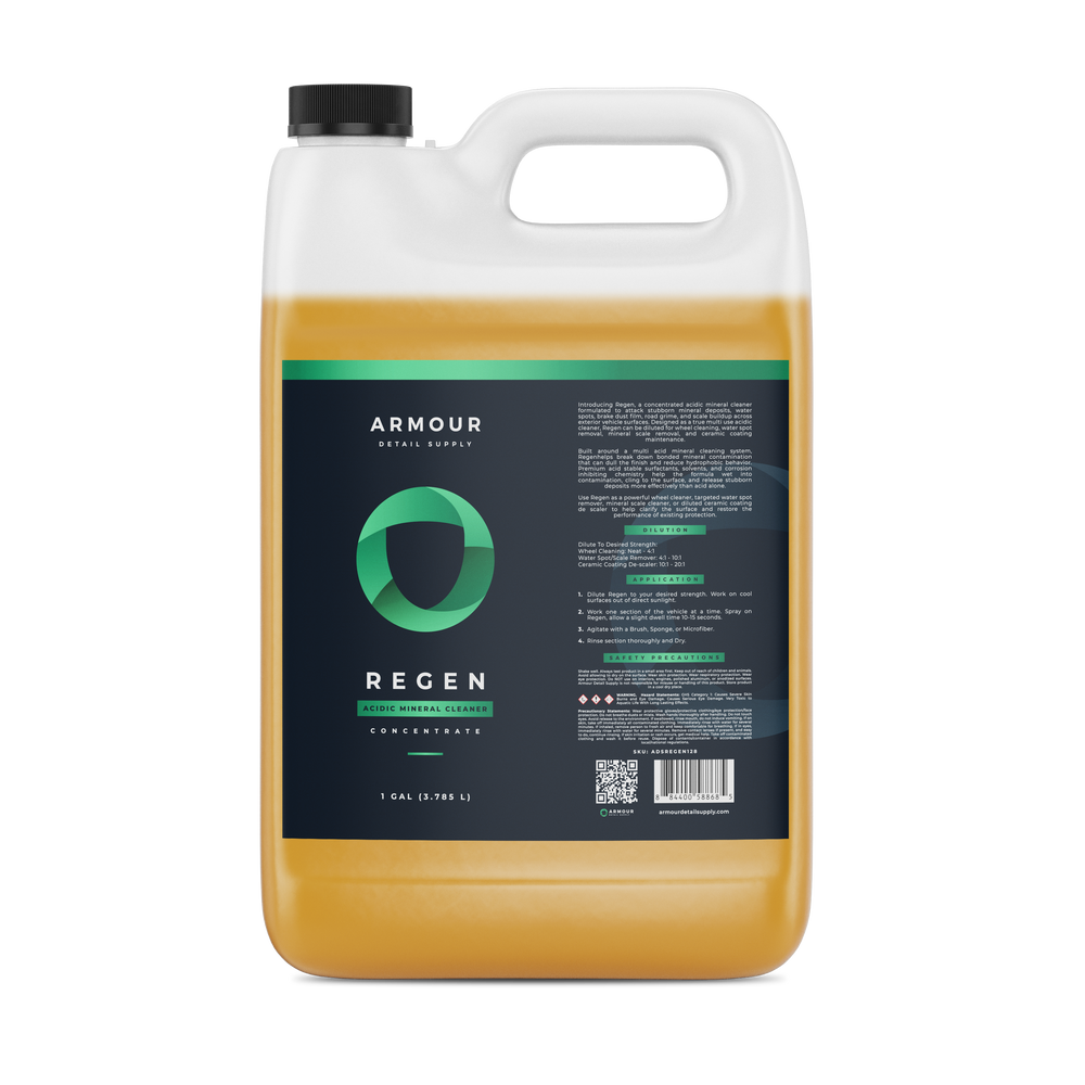 Armour REGEN acidic mineral cleaner concentrate — 1 gallon jug, back label with usage instructions