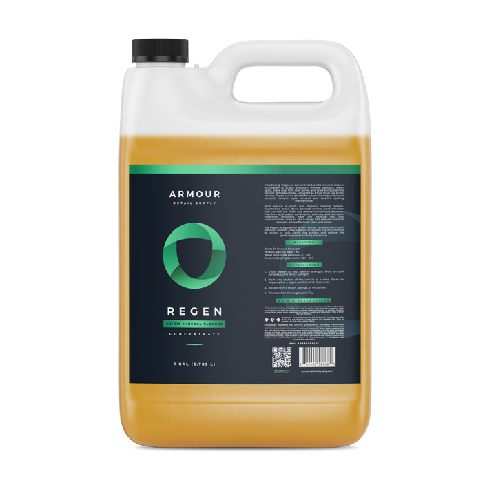 Armour REGEN acidic mineral cleaner concentrate — 1 gallon jug, back label with usage instructions
